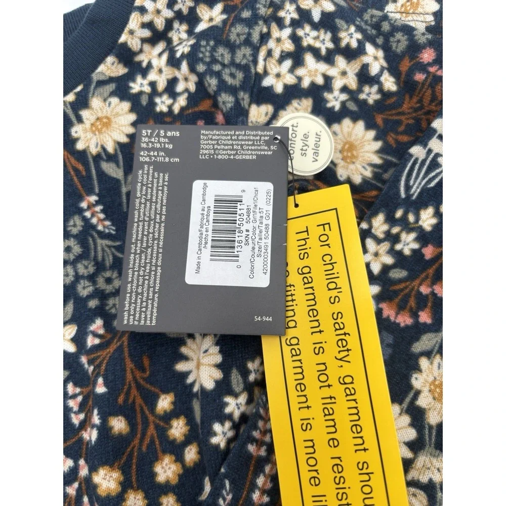 Modern Moments By Gerber Supersoft 2 Piece Pajama Set Navy With Florals 5T NWT